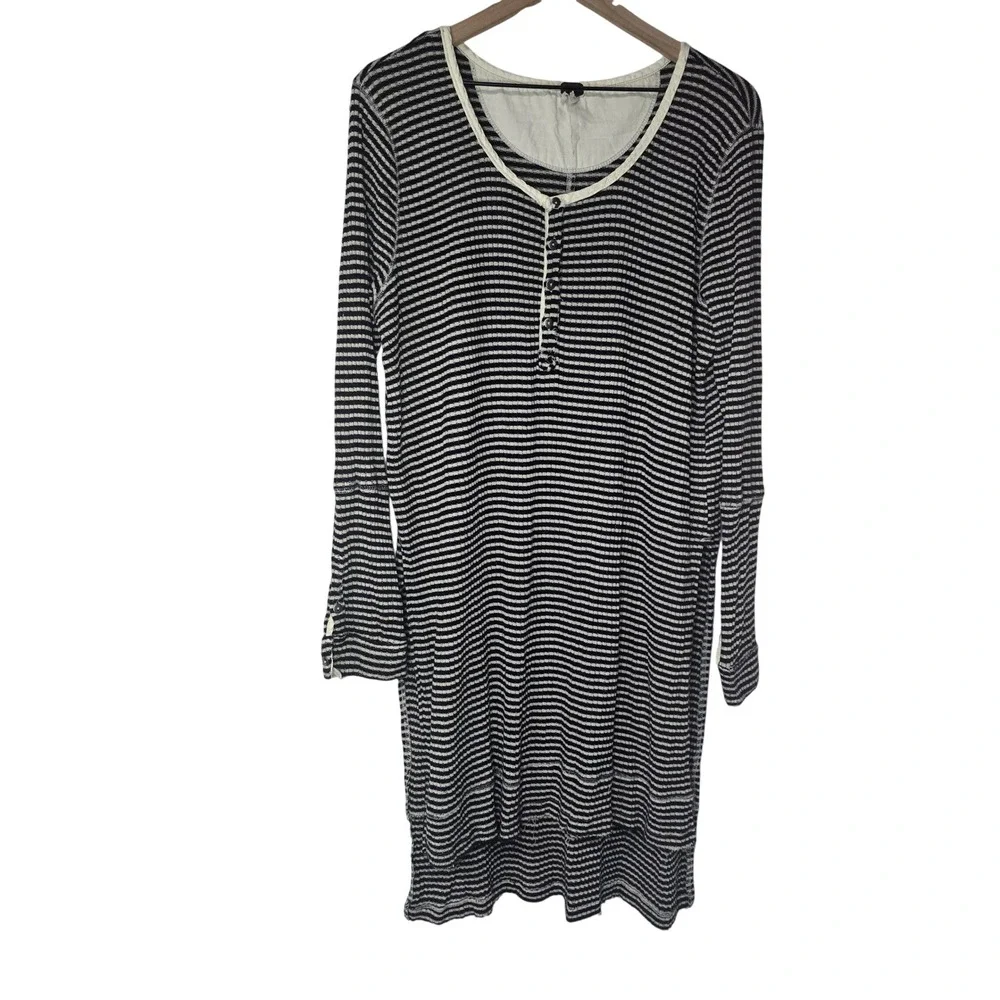 Free People We The Free Henley Tunic Women Large‎ Black White Striped Rayon Boho